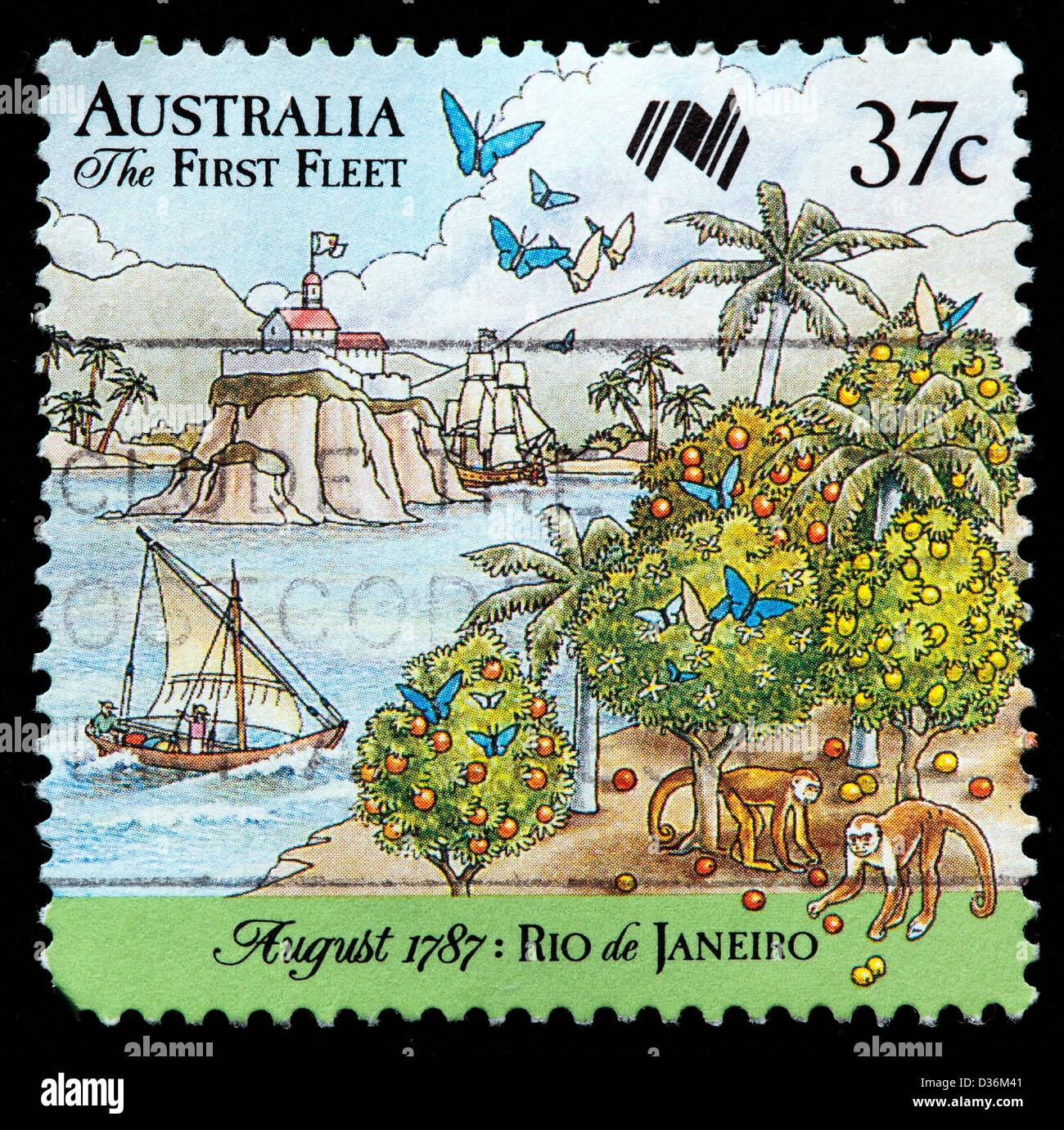 Prima Flotta arriva a Rio de Janeiro, francobollo, Australia, 1987 Foto Stock