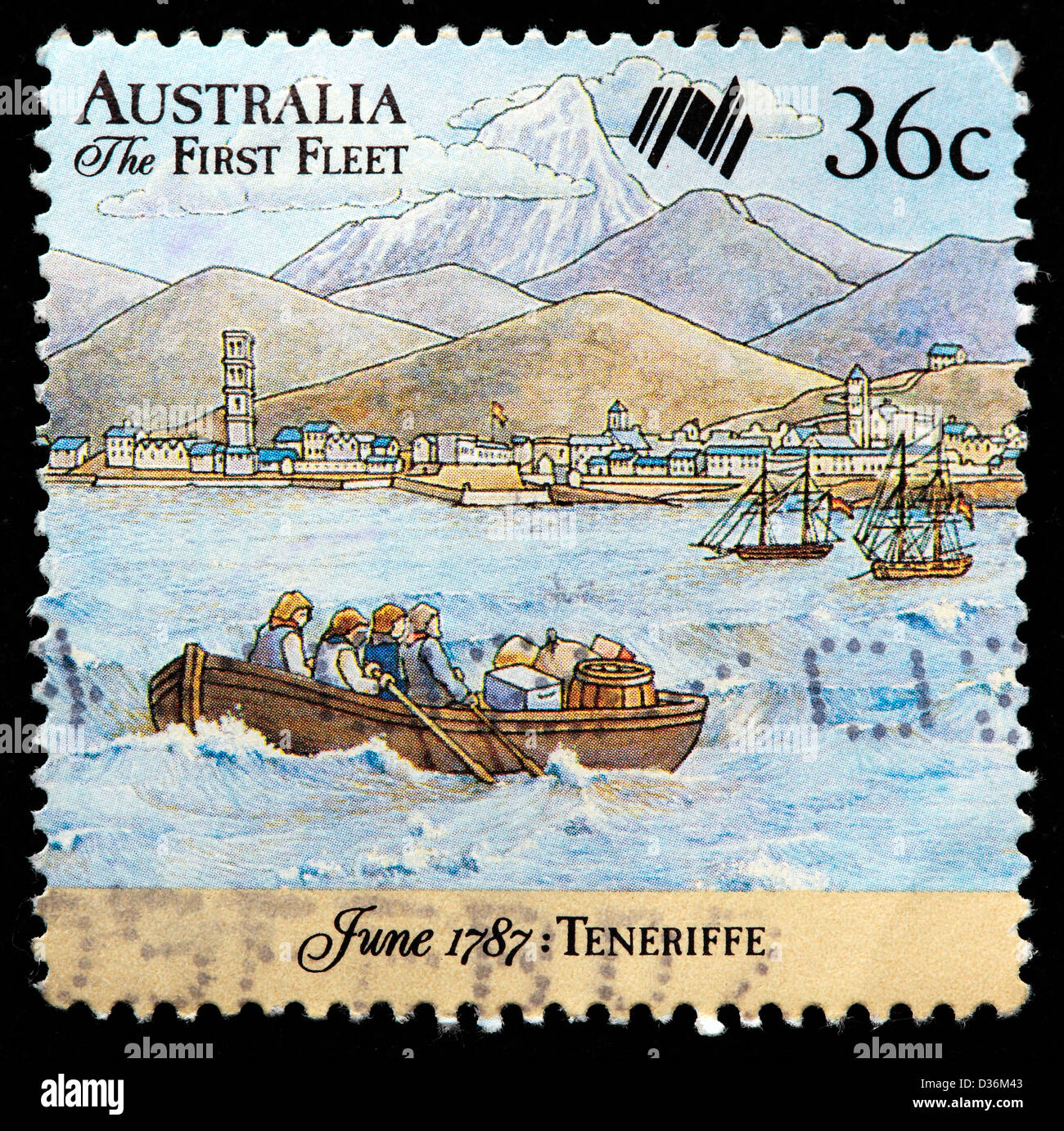 Prima flotta arrivo a Tenerife, giugno 1787, francobolli, Australia, 1987 Foto Stock