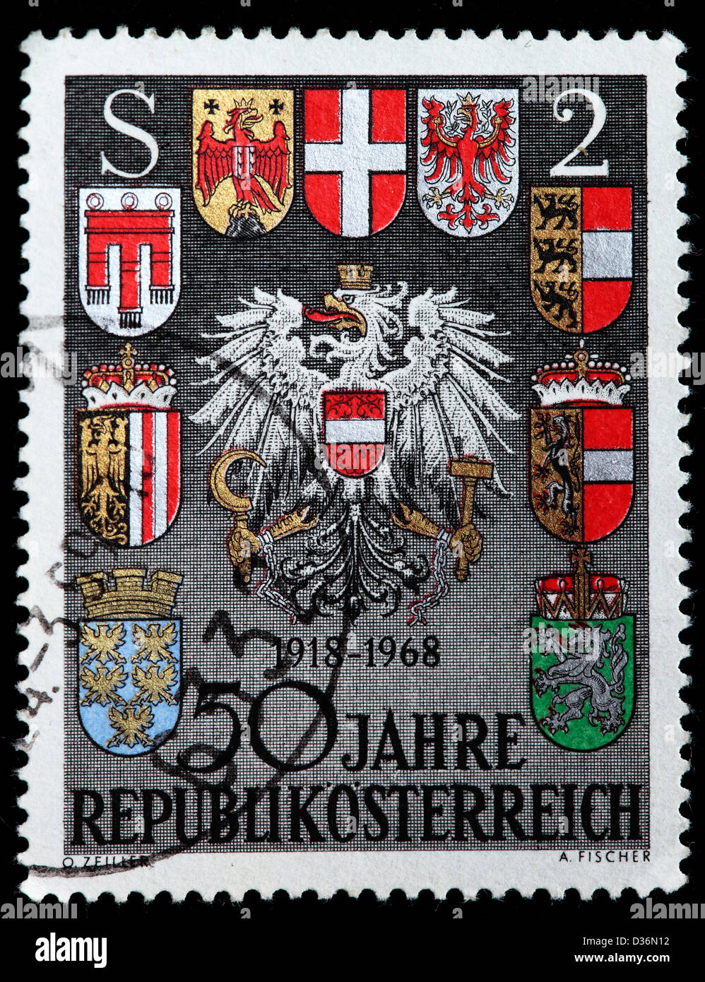 Cinquantesimo anniversario della repubblica austriaca, francobollo, Austria, 1968 Foto Stock