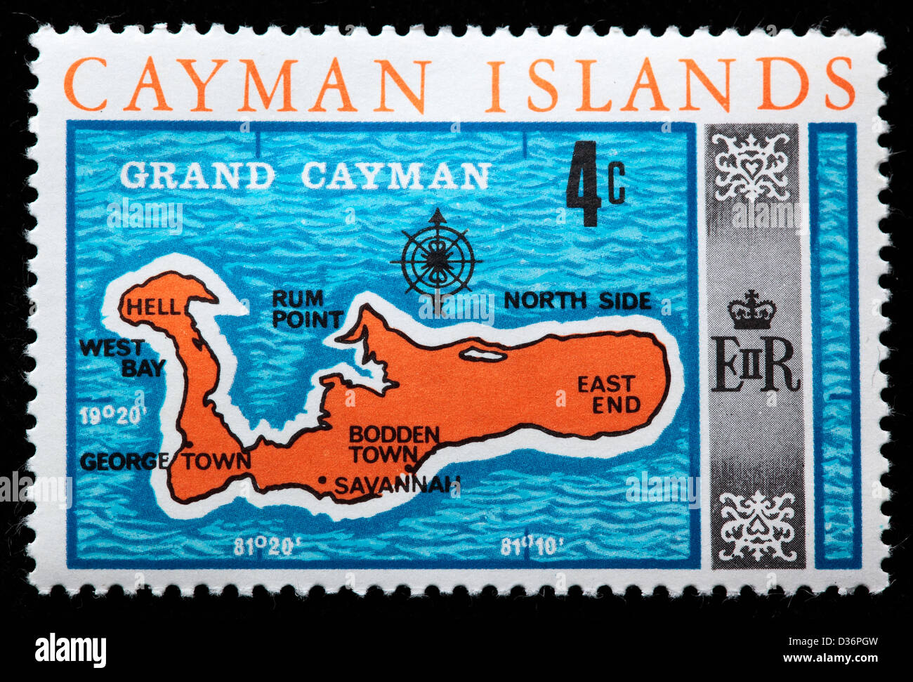 Grand Cayman mappa, francobollo, Isole Cayman, 1969 Foto Stock