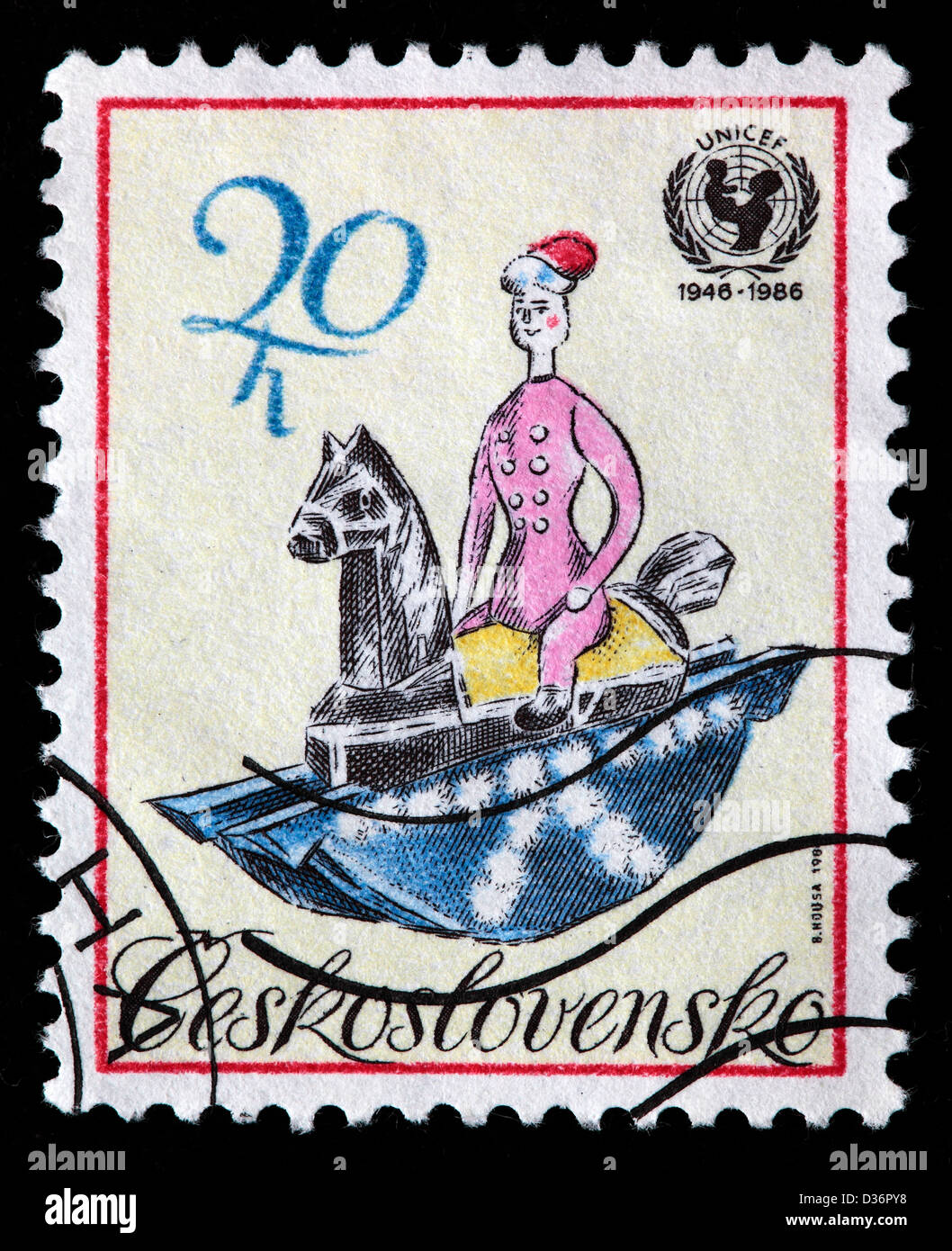 Cavallo e cavaliere, francobollo, Cecoslovacchia, 1986 Foto Stock