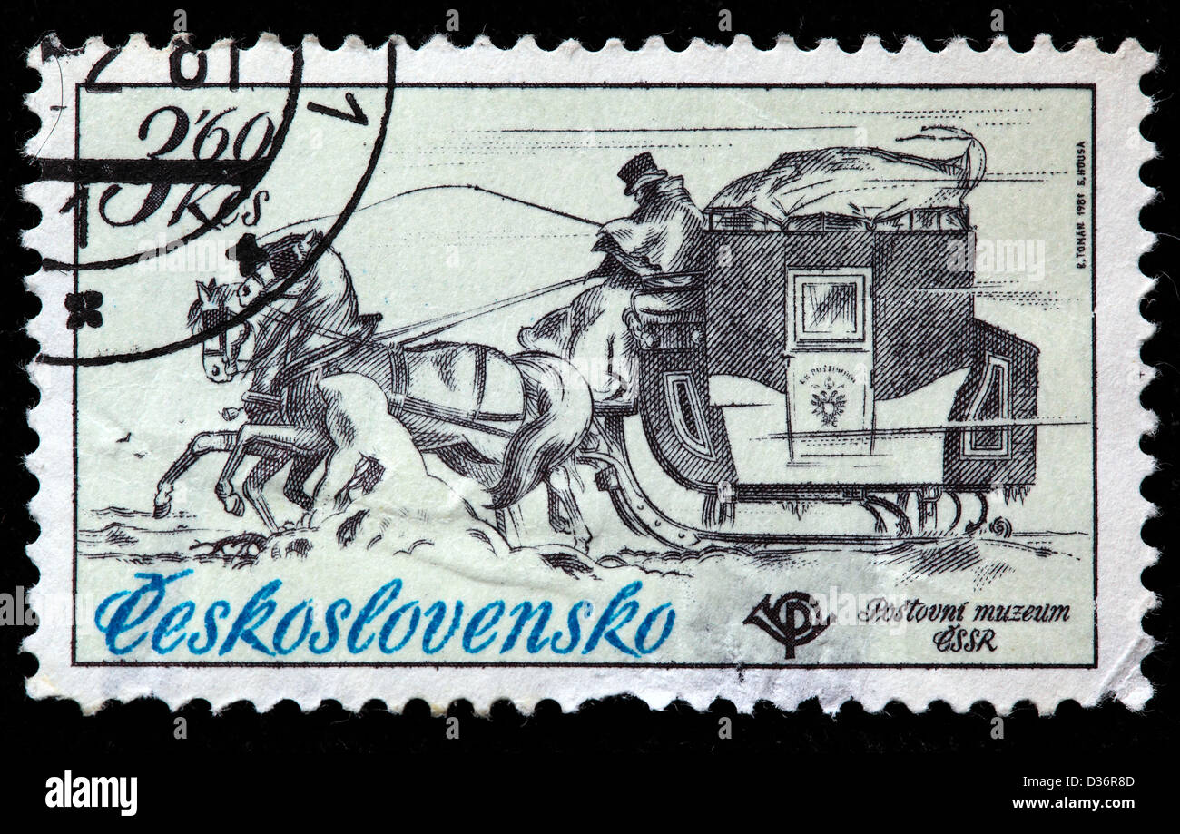 Mail sled, francobollo, Cecoslovacchia, 1981 Foto Stock