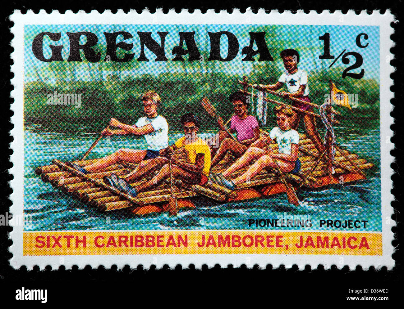 Scout su zattera, francobollo, Grenada, 1977 Foto Stock