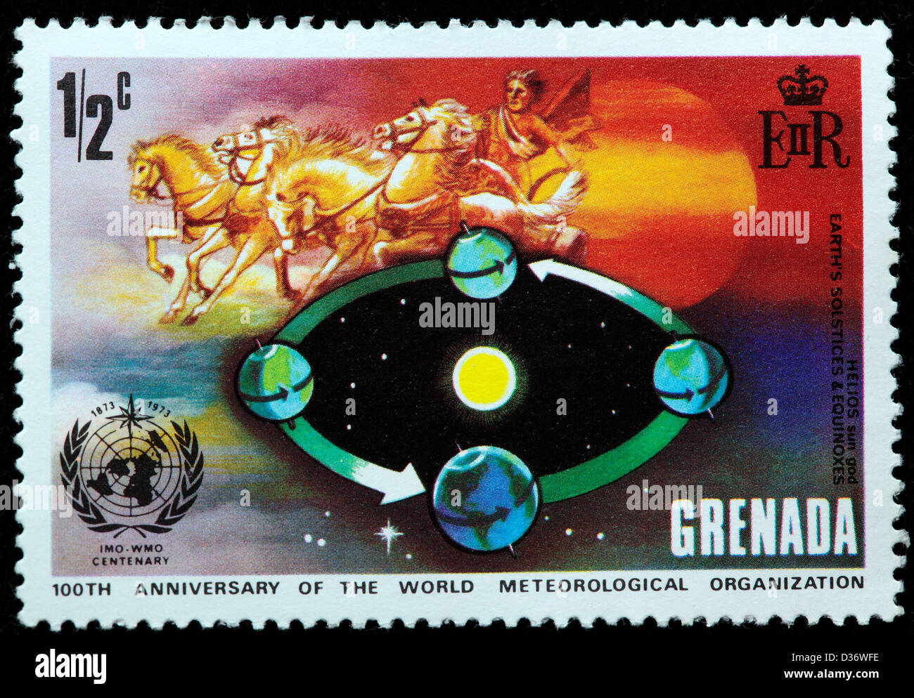 Dio sole Helios, equinozi e solstizi, francobollo, Grenada, 1973 Foto Stock
