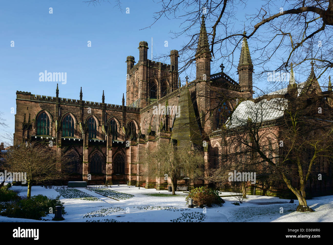 Chester Cathedral nella neve Foto Stock