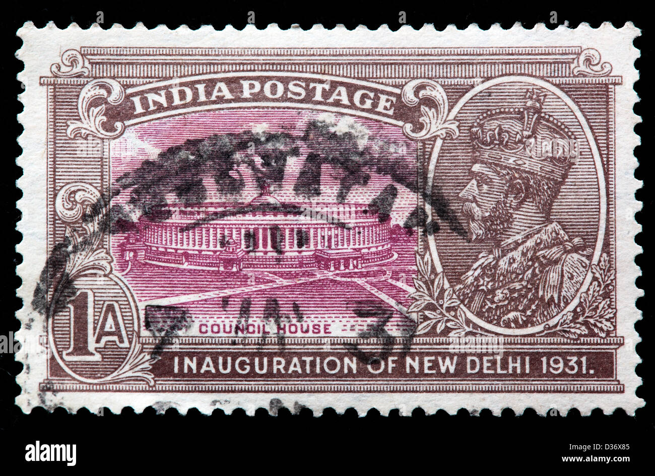 Re Giorgio V, inaugurazione della Nuova Delhi, casa Consiglio, francobollo, India, 1931 Foto Stock