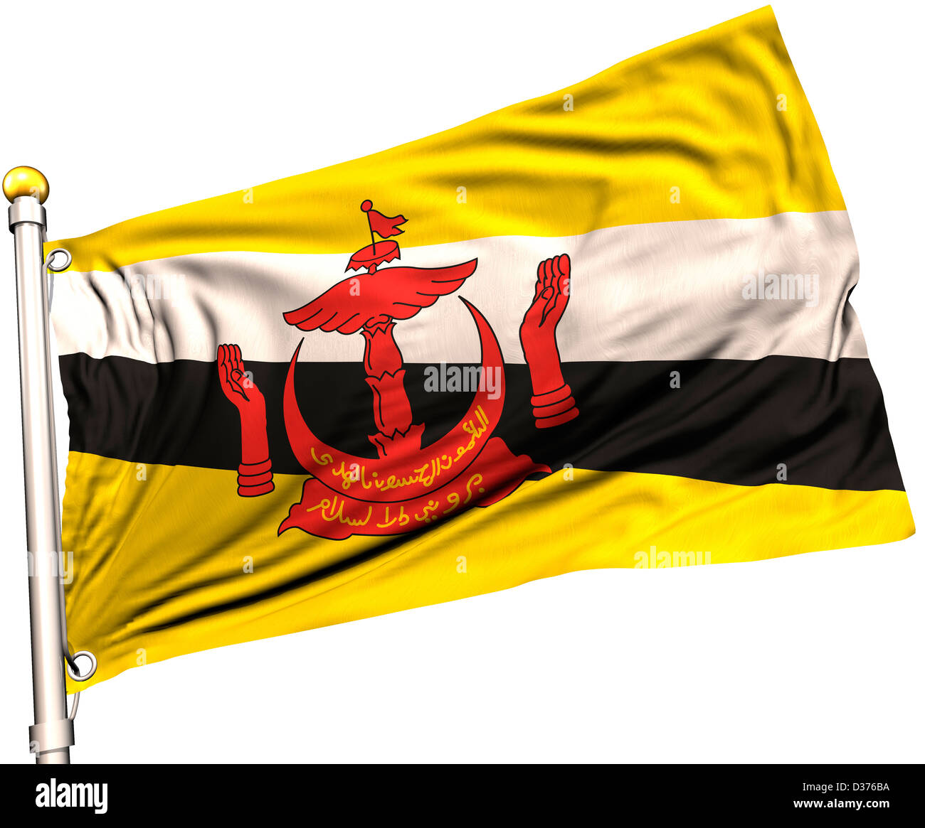 Brunei bandiera su un palo di bandiera. Percorso di clipping incluso. Tessitura della seta visibile sulla bandiera a 100%. Foto Stock