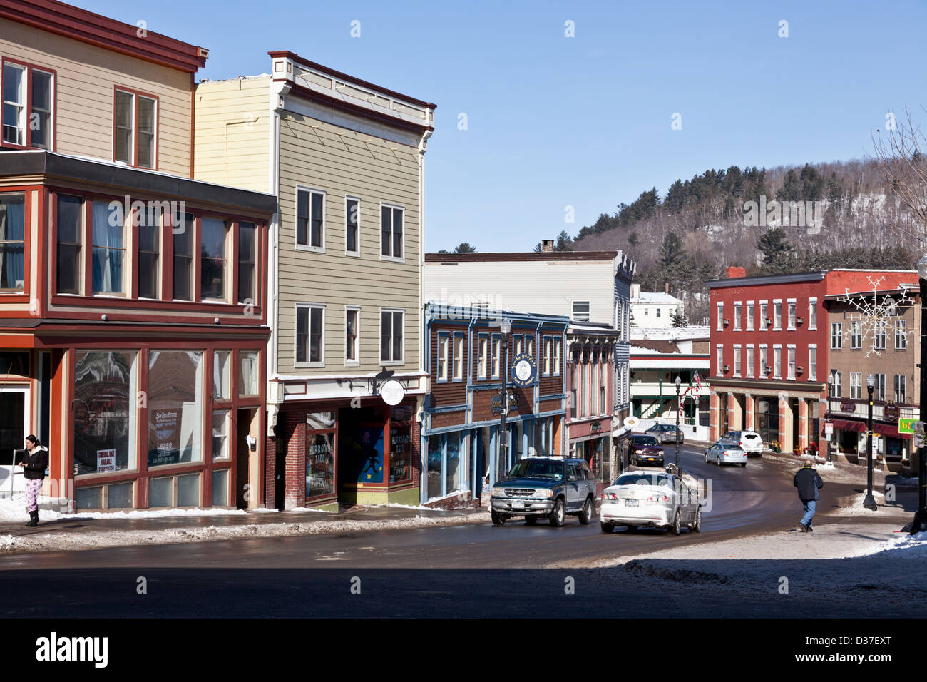 Broadway e Main Street, Saranac Lake, New York, nel Adirondacks Foto Stock