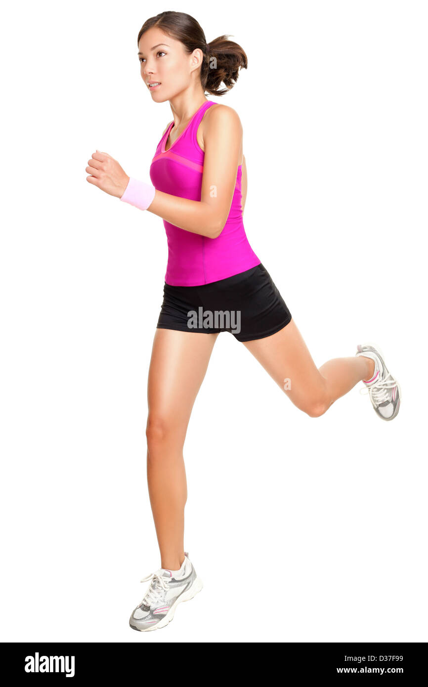 Bellissima gara di misto asiatico femmina caucasica runner in rosa sportivo abbigliamento fitness jogging isolati su sfondo bianco Foto Stock