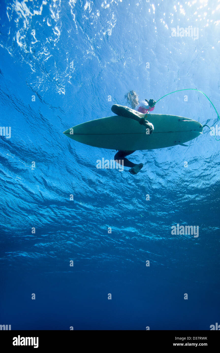 Basso angolo di visione del surfer in acqua Foto Stock