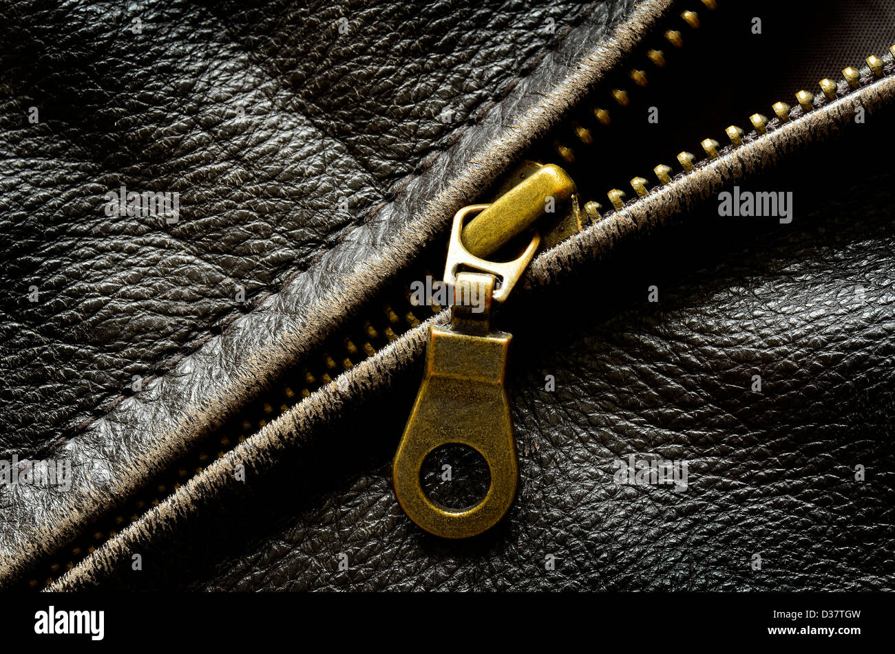 Trama profonda giacca di pelle con chiusura lampo in ottone Foto Stock