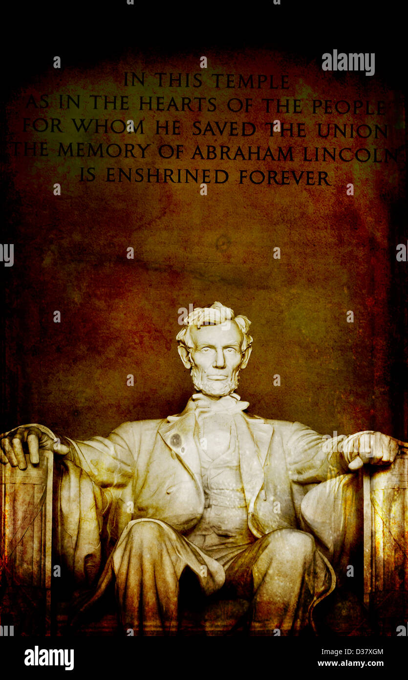 Il Lincoln Memorial con statua e carving di parole Foto Stock