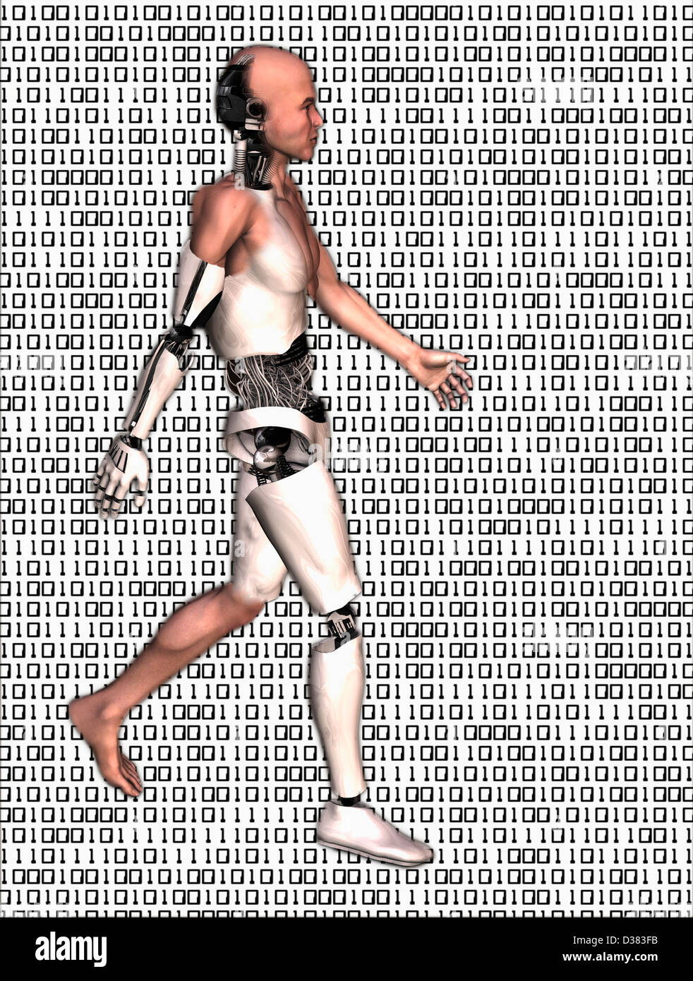 Cyborg camminando sul codice binario sfondo Foto Stock