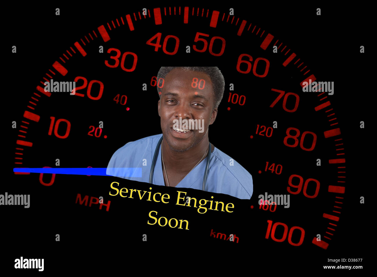 Il tachimetro su sfondo nero con meccanico, avvertimento circa il servizio luce motore Foto Stock