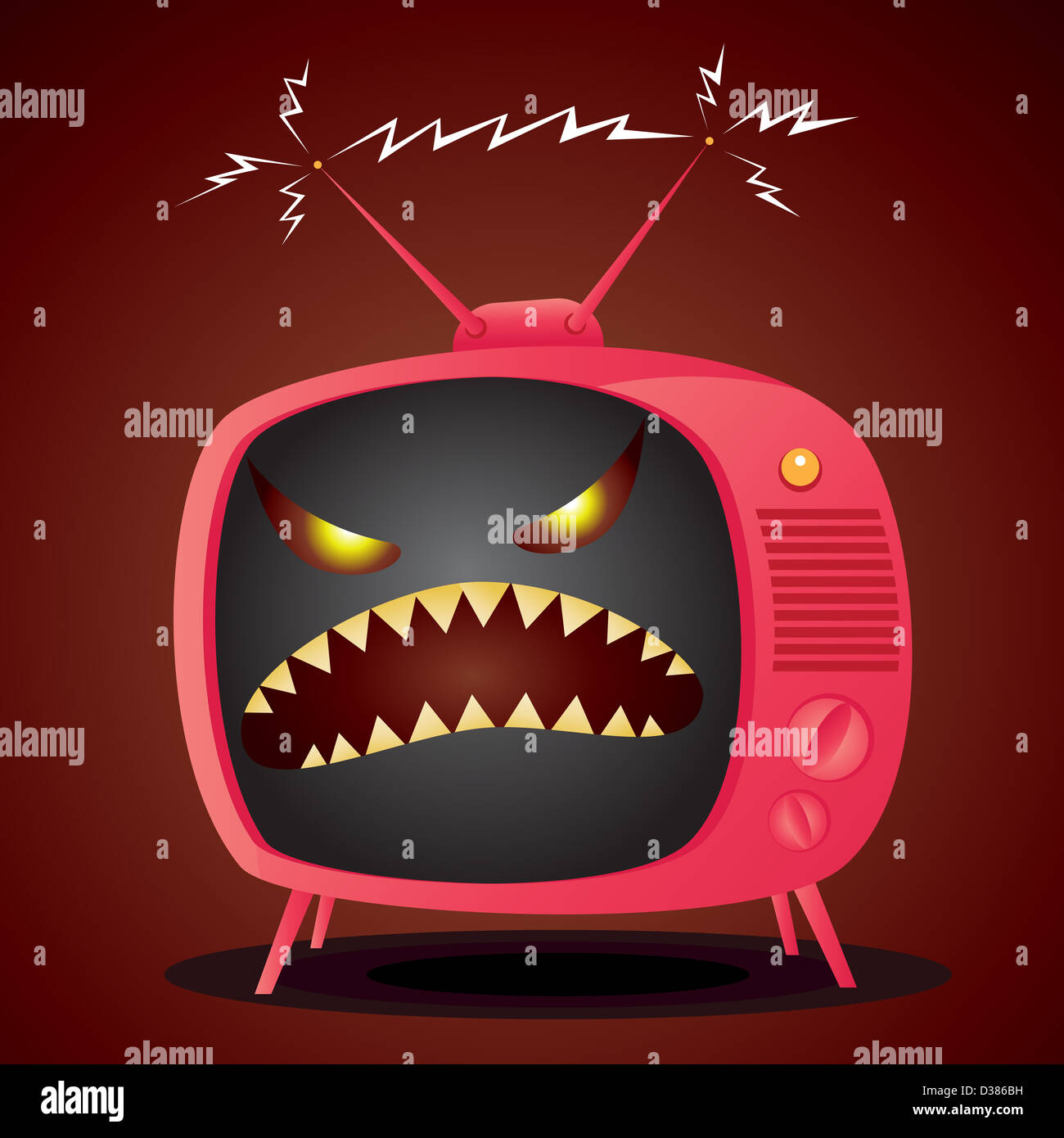 Illustrazione Vettoriale di cartoon televisione con un male demoniaco faccia. EPS file 8, assenza di trasparenza. Foto Stock