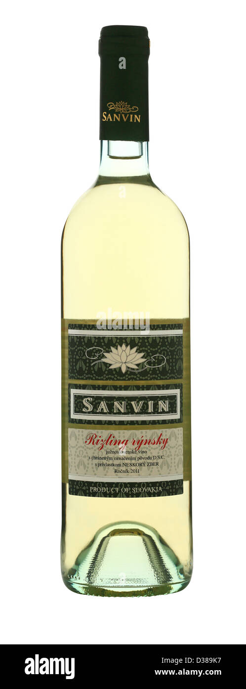 Studio shot della bottiglia di vino bianco, varietà Rizling rynsky (Riesling Renano), dalla cantina Sanvin, sud slovacco regione del vino. Foto Stock