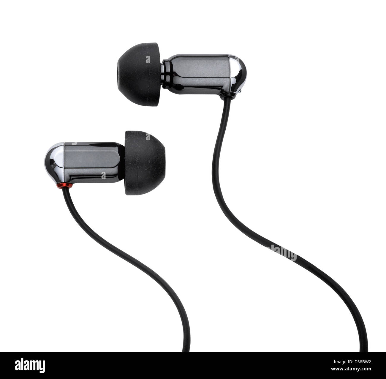 Una coppia di bud cuffie tagliano fuori o uno sfondo bianco Foto Stock