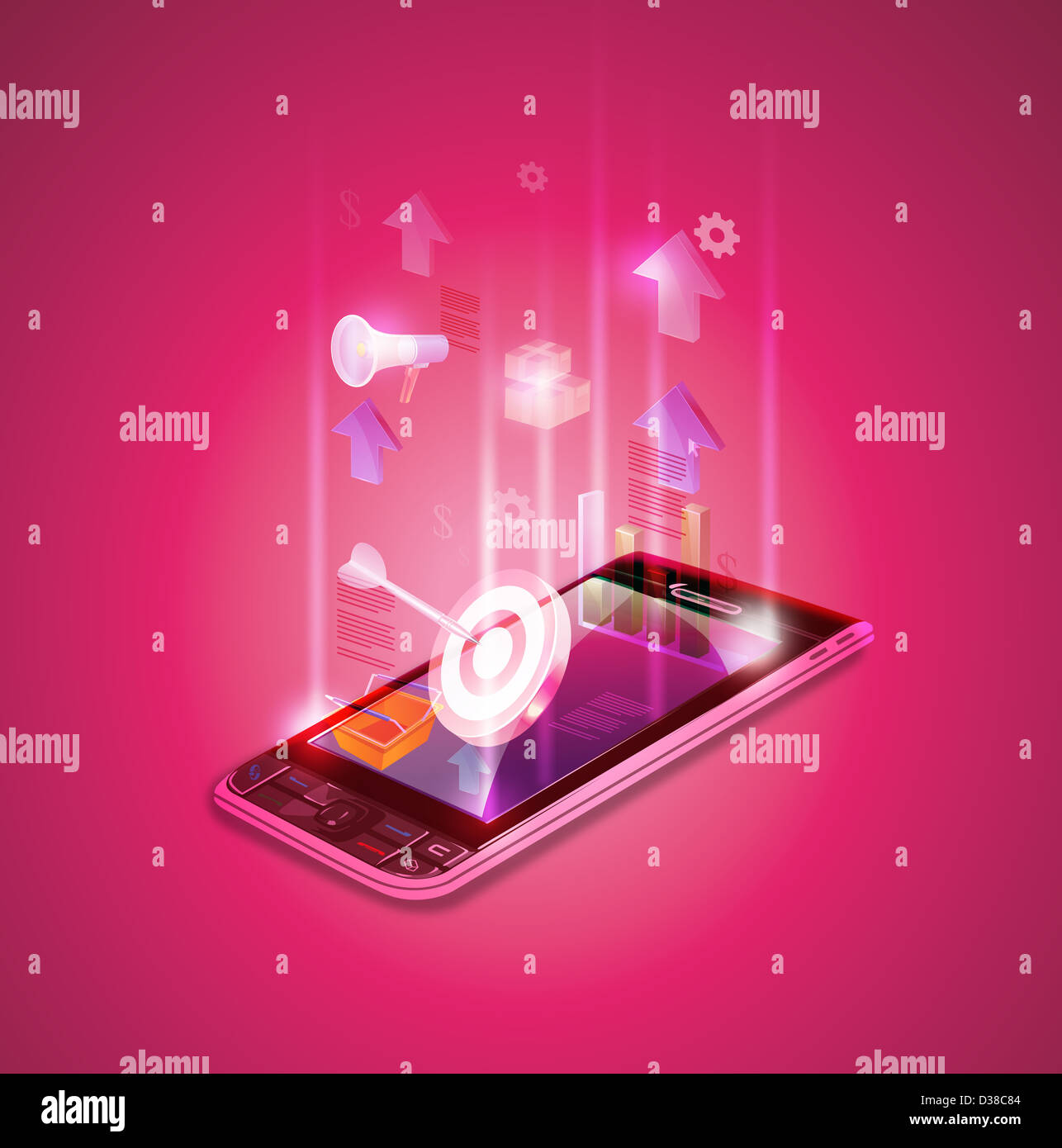 Immagine illustrativa del telefono mobile che rappresenta i dati finanziari Foto Stock