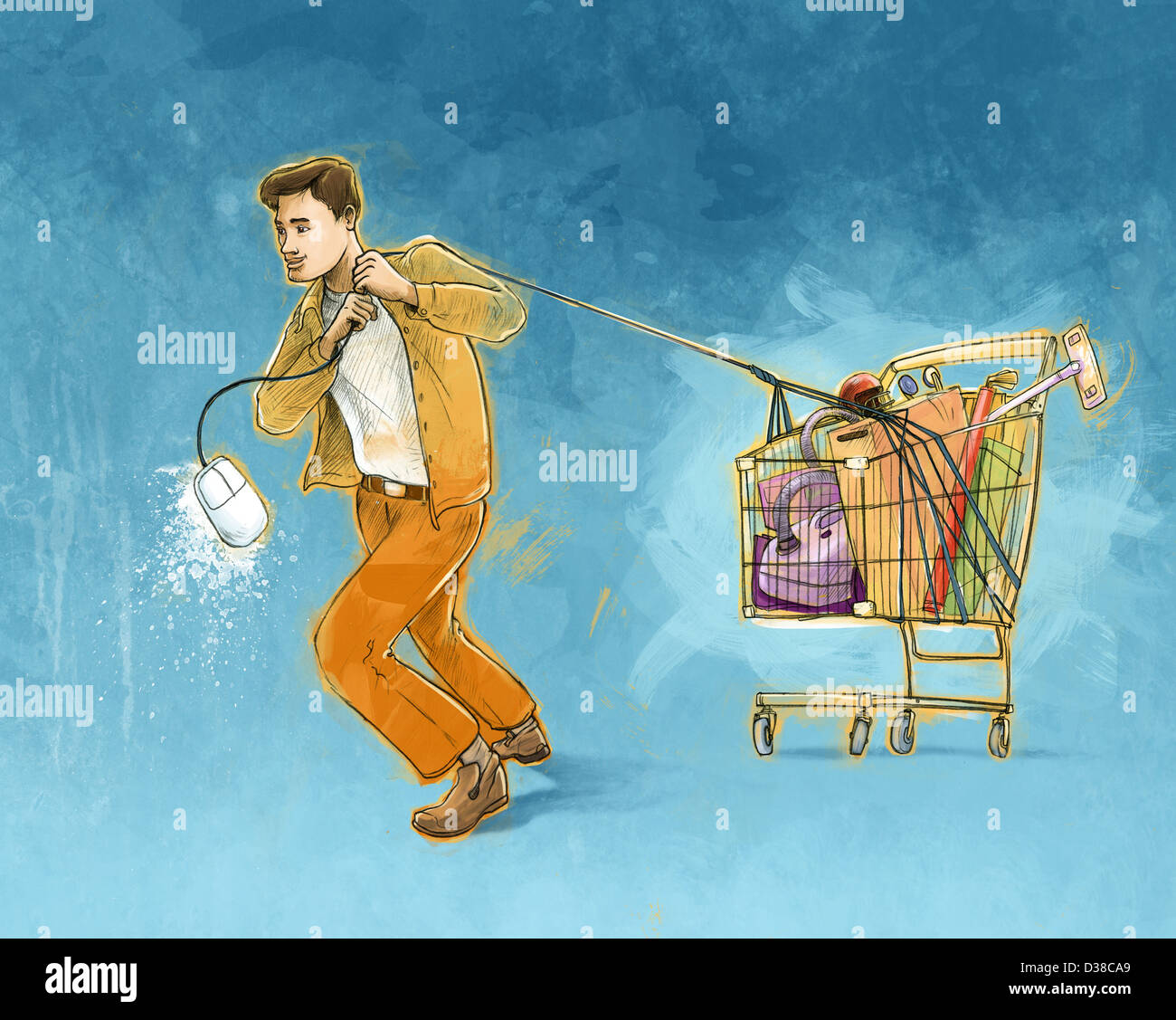 Concetto illustrativa dell'uomo tirando carrello che rappresenta lo shopping online Foto Stock