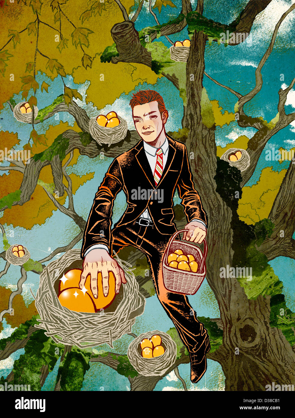 Concetto illustrativi dell uomo a raccogliere i frutti da albero che rappresenta i profitti Foto Stock