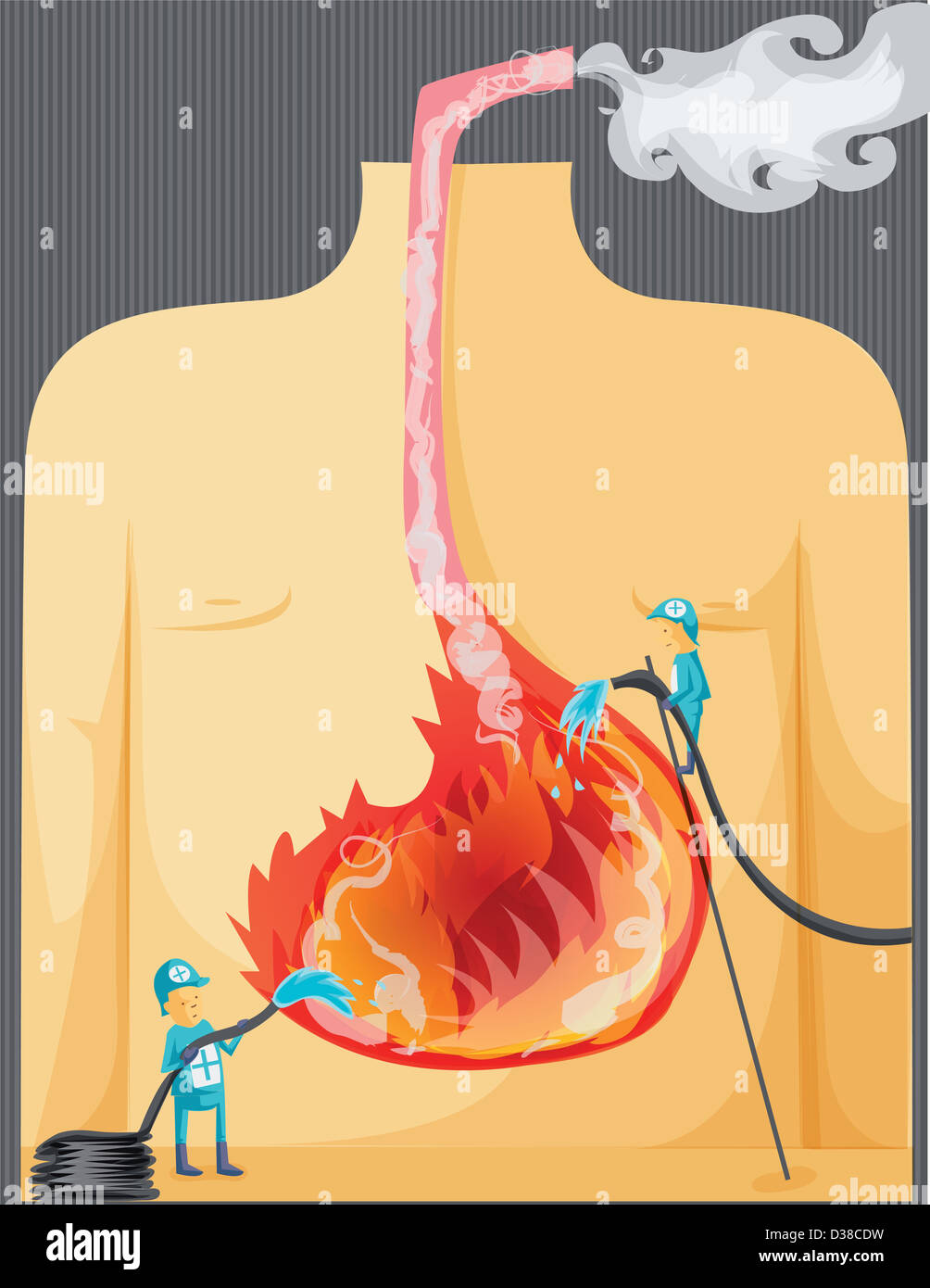 Immagine illustrativa rappresentazioni umane la spruzzatura di acqua sulla struttura di stomaco del raffigurante la colonna vertebrale problemi anziani acidità Foto Stock