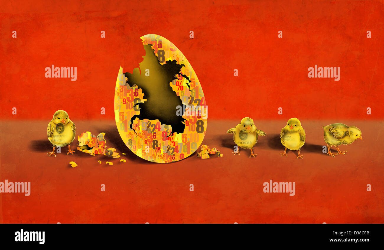 Immagine illustrativa di Polli appena schiusi da guscio d'uovo che rappresentano gli investimenti e profitti Foto Stock