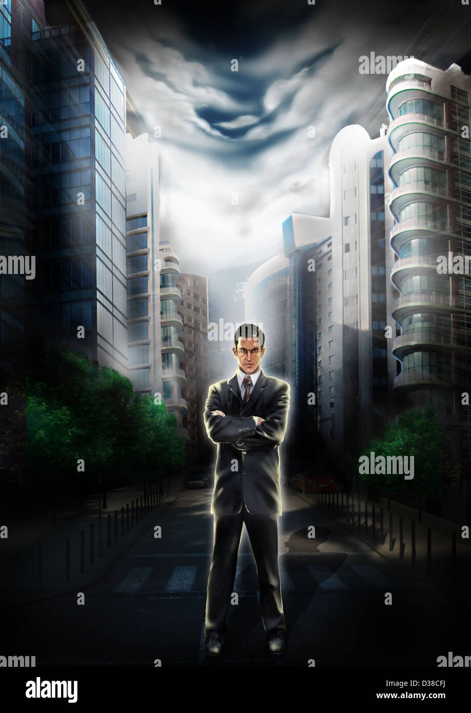 Immagine illustrativa di fiduciosa imprenditore con edifici in background che rappresenta il business leader e real estate Foto Stock