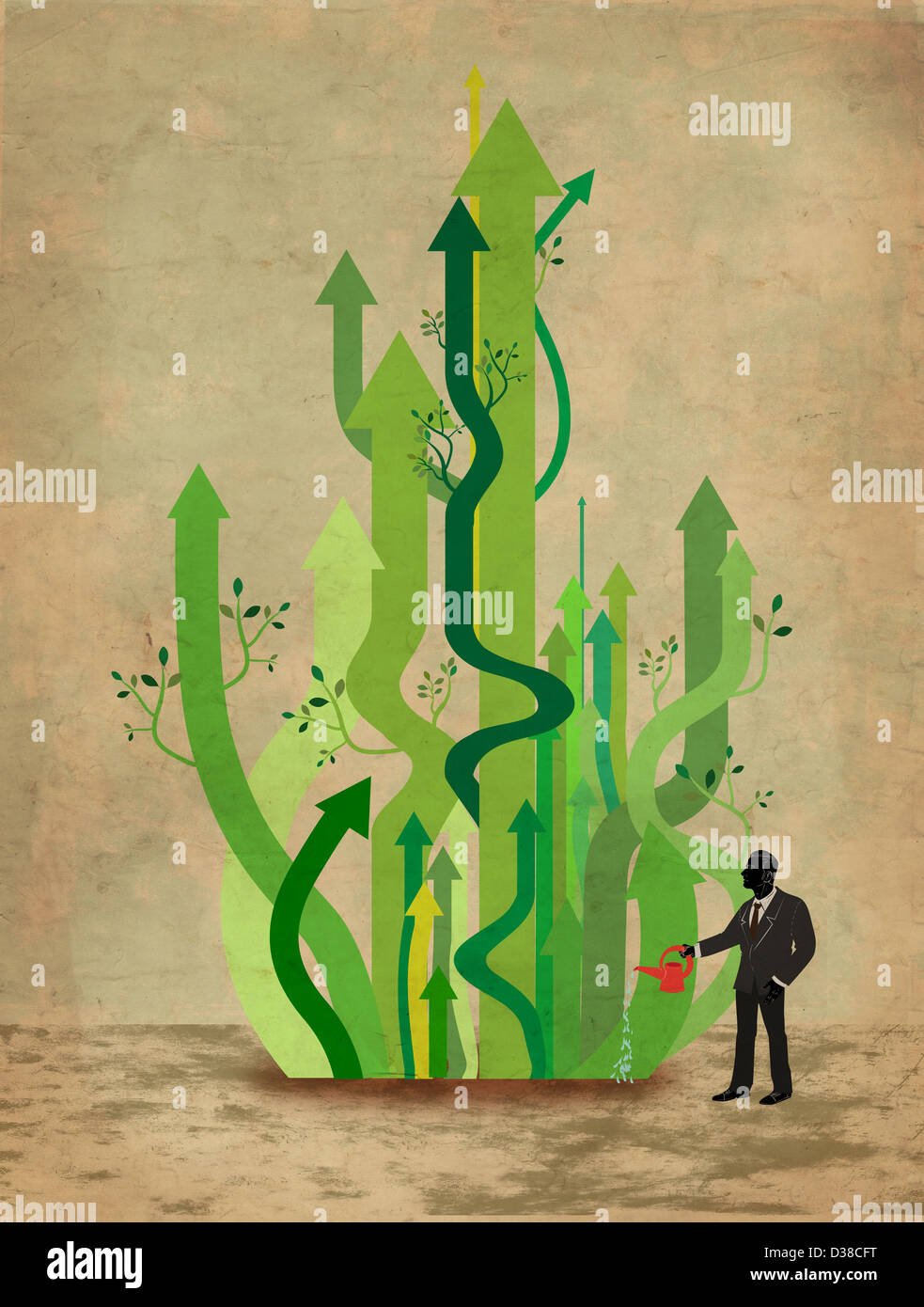 Immagine illustrativa dell uomo d affari frecce di irrigazione che rappresenta la crescita del business Foto Stock