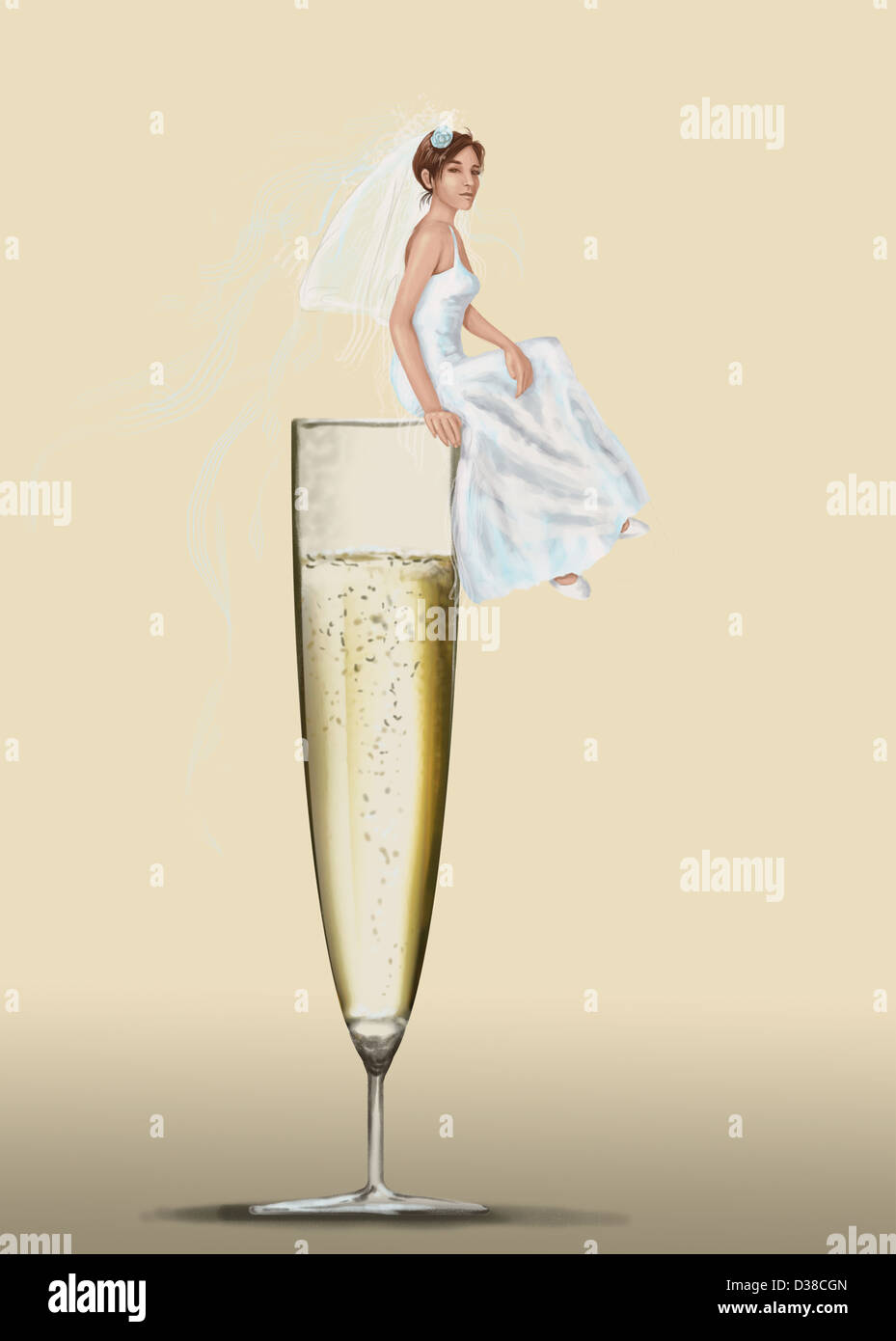 Immagine illustrativa della sposa seduta sulla flûte di champagne che rappresenta la celebrazione dei matrimoni Foto Stock