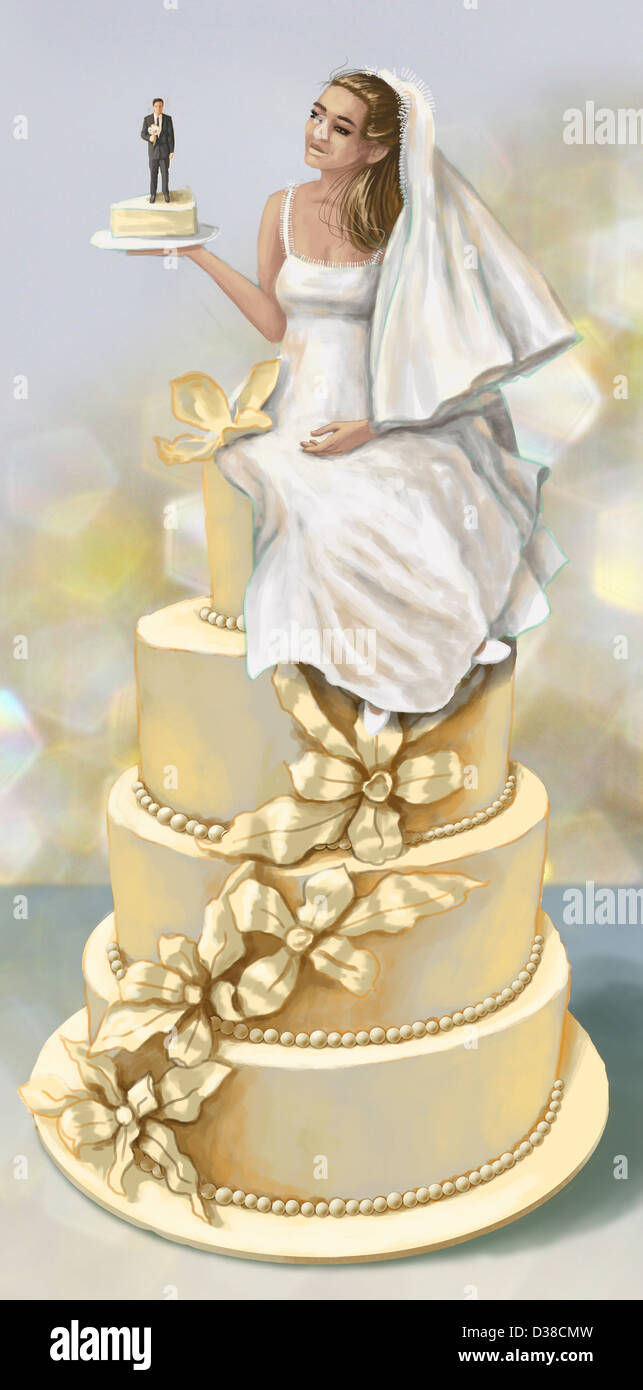 Immagine illustrativa della sposa seduto su di una grande torta che tiene lo sposo su un pezzo di torta Foto Stock