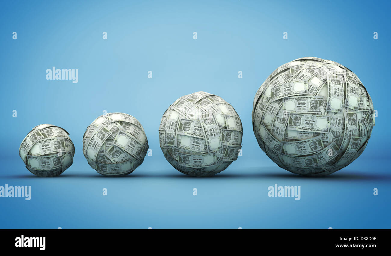 Immagine illustrativa di valuta indiana sfere che rappresenta la crescita Foto Stock