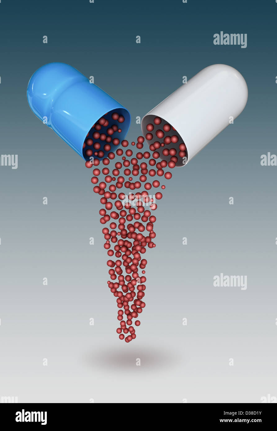 Immagine illustrativa della medicina di cadere fuori dalla capsula su sfondo grigio Foto Stock
