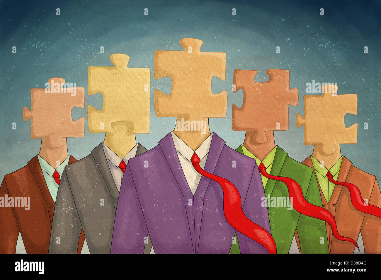 Immagine illustrativa di uomini di affari con puzzle testa rappresenta la soluzione e il lavoro di squadra Foto Stock