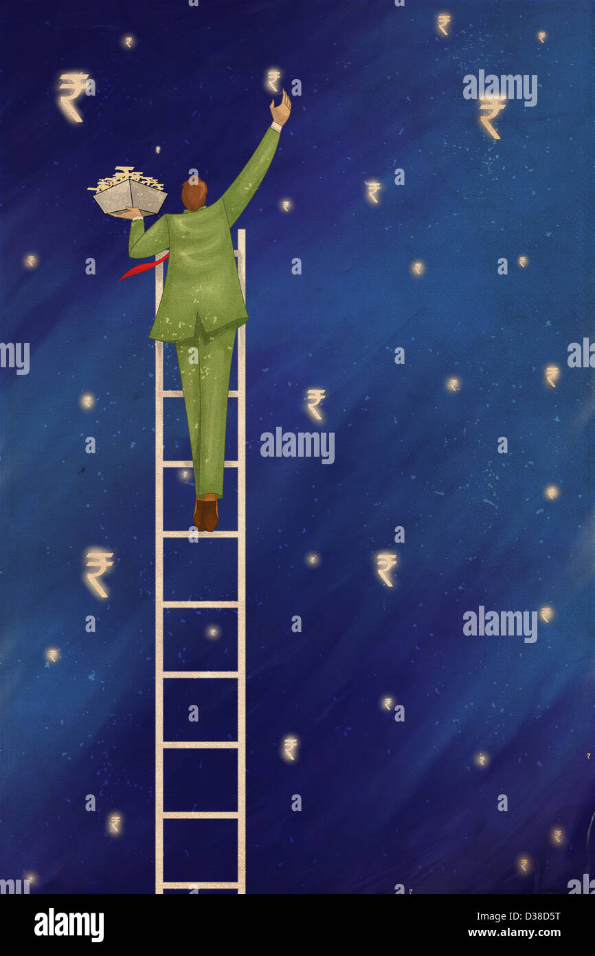 Illustrazione di imprenditore su scala indiano di raccolta dei simboli di valuta che rappresenta il profitto Foto Stock