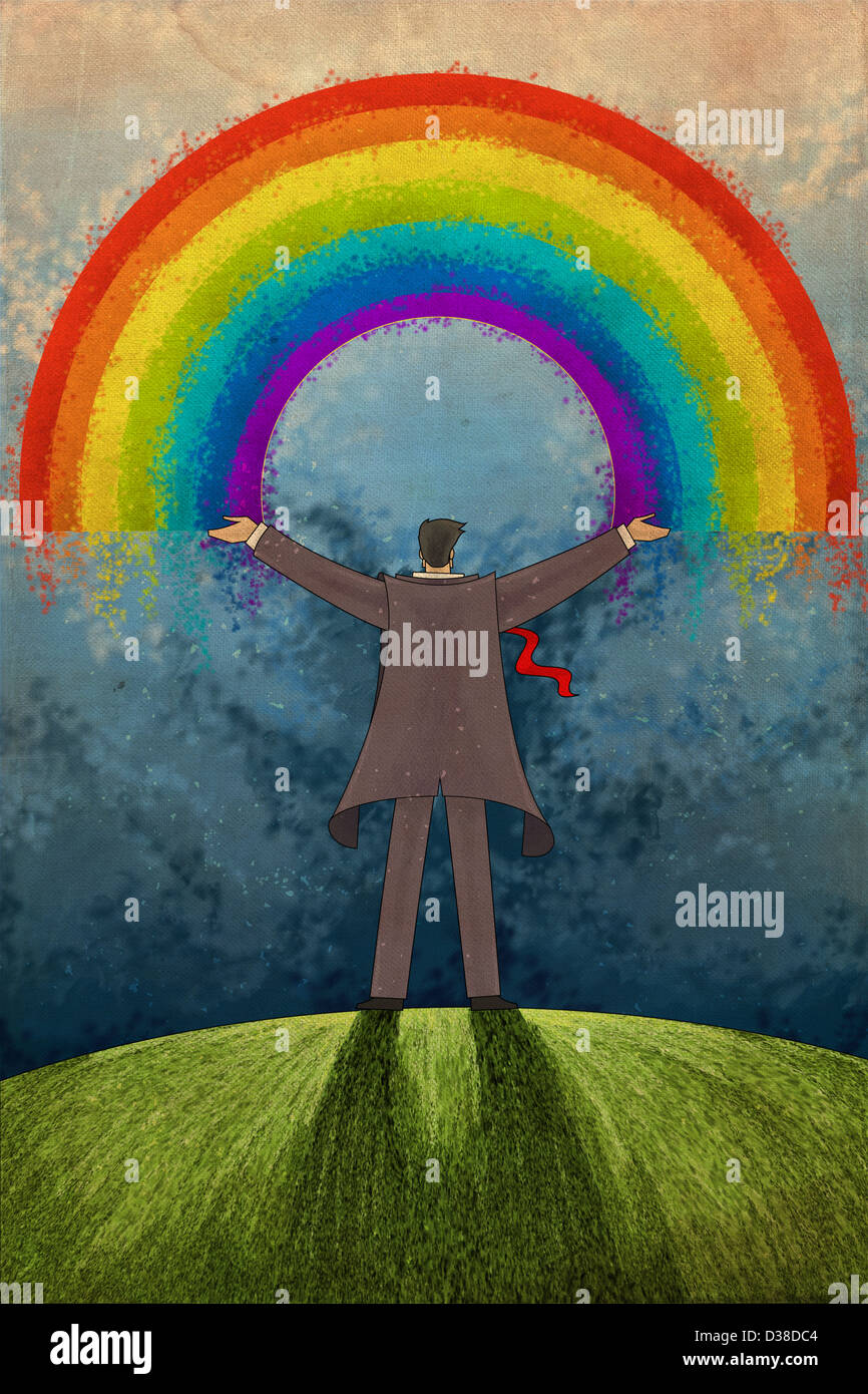 Immagine illustrativa di imprenditore a braccia alzate in piedi contro la rainbow che rappresentano il successo Foto Stock