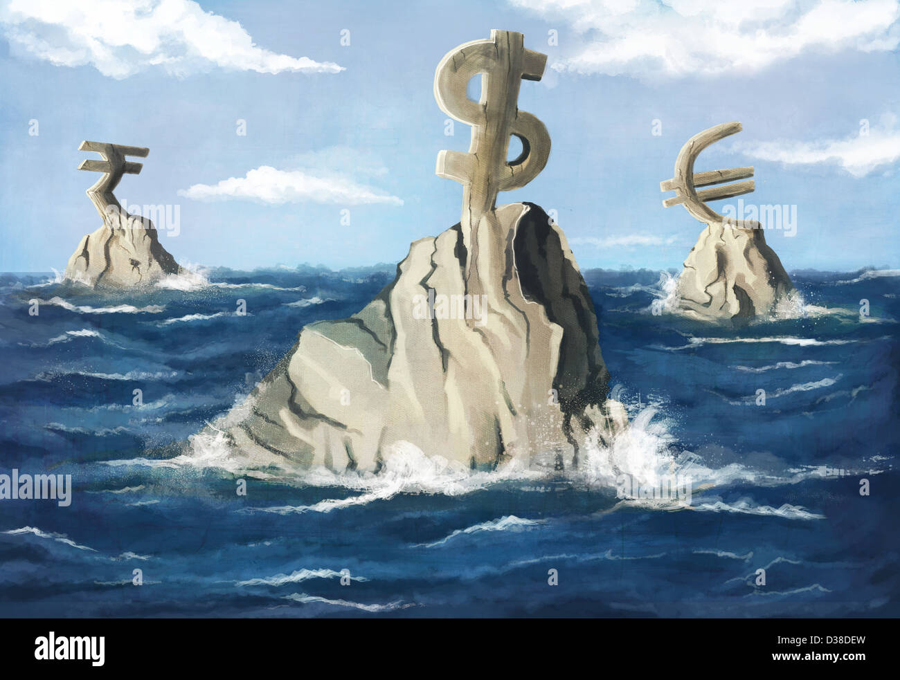 Immagine illustrativa dei simboli di valuta su roccia nel mare che rappresenta la recessione Foto Stock