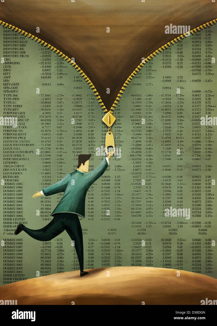 Immagine illustrativa di imprenditore decompressione di carta con le informazioni sul mercato azionario Foto Stock