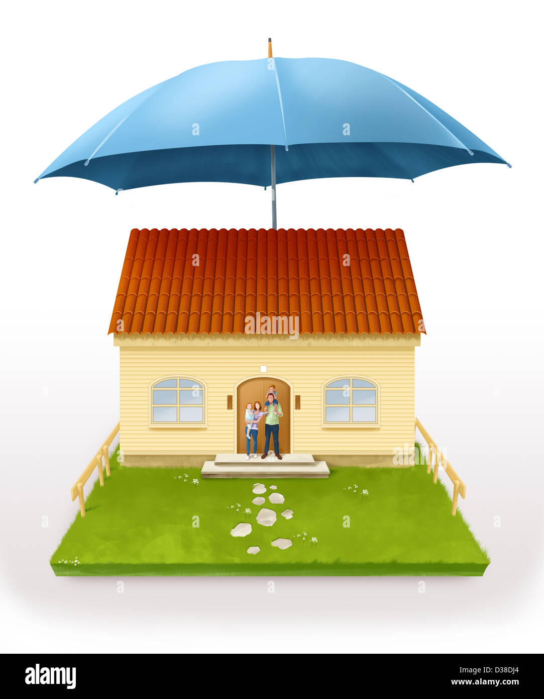 Immagine illustrativa di un ombrello sopra casa che rappresenta la casa di assicurazione Foto Stock