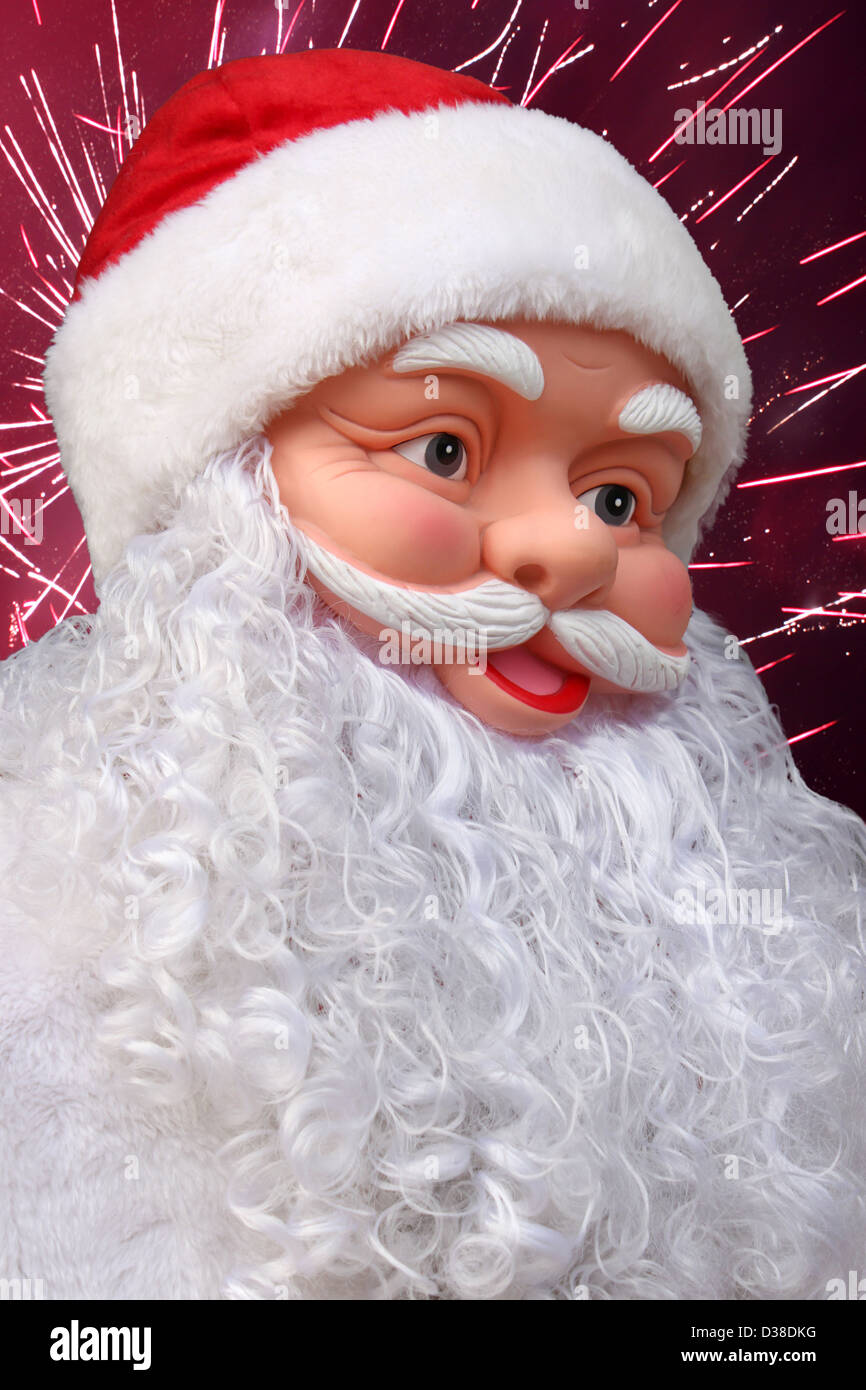 Babbo Natale su fuochi d'artificio in cielo Foto Stock
