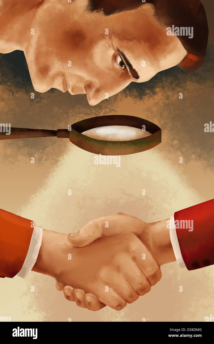 Immagine illustrativa di un uomo guarda handshake attraverso la lente di ingrandimento Foto Stock