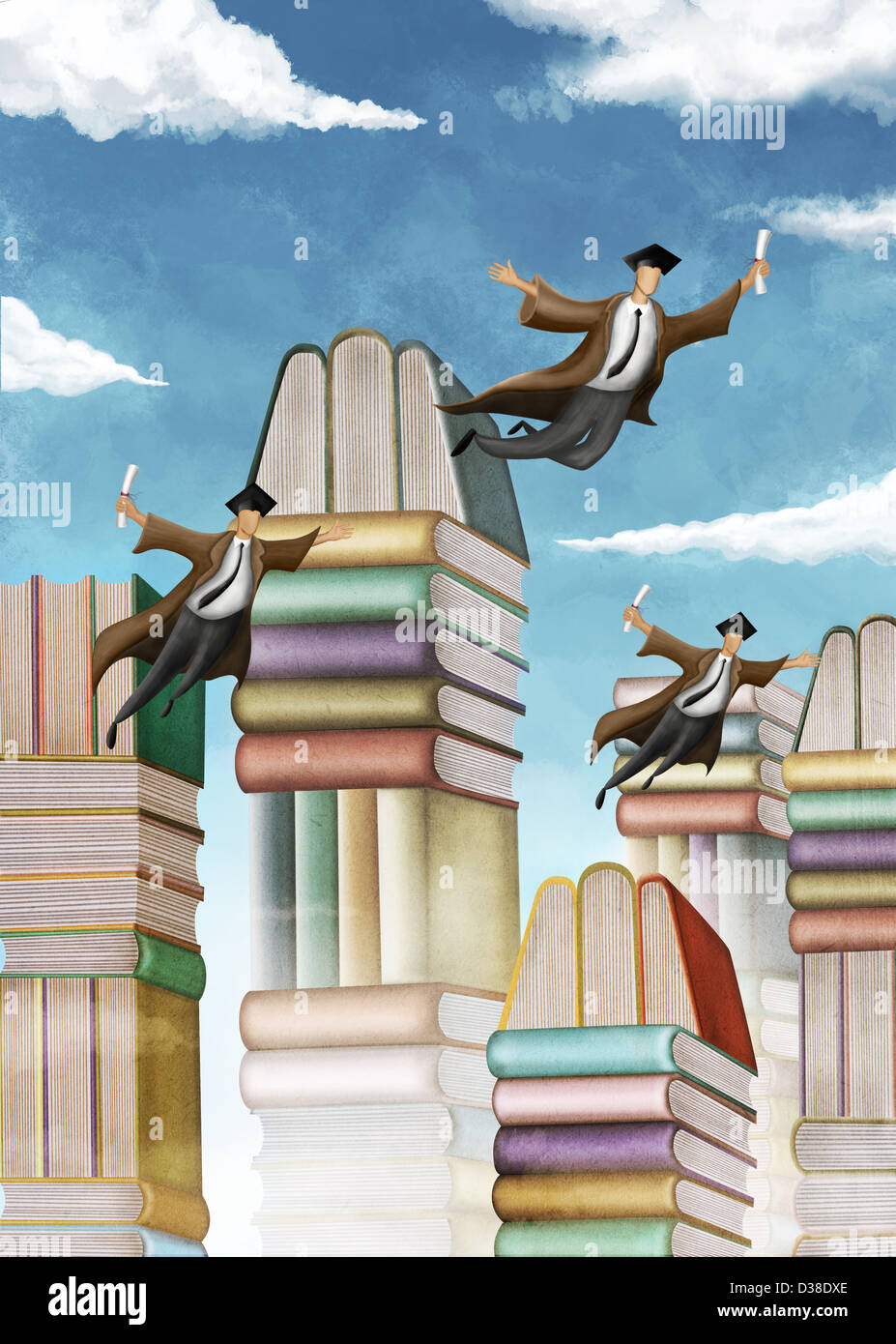 Immagine illustrativa di una pila di libri e di volare gli studenti che rappresenta il giorno di graduazione Foto Stock