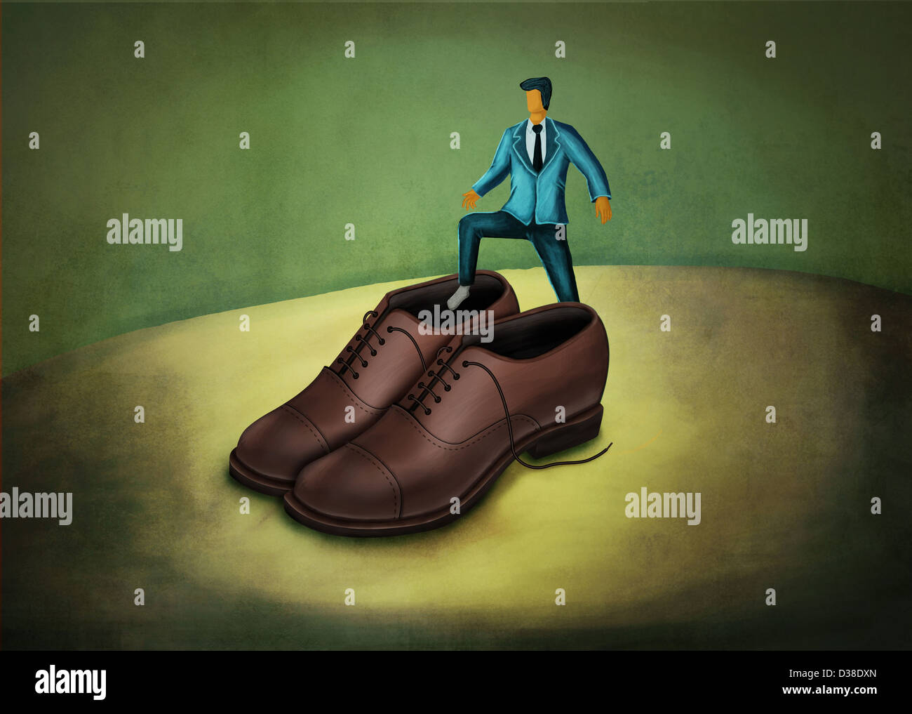 Illustrazione di imprenditore stepping in scarpe di grandi dimensioni che rappresentano un enorme responsabilità Foto Stock