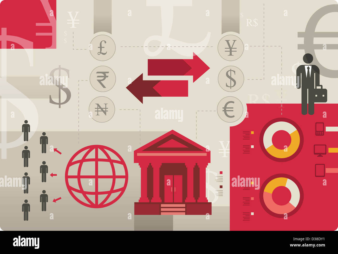 Immagine illustrativa che rappresenta lo scambio di valute internazionali Foto Stock