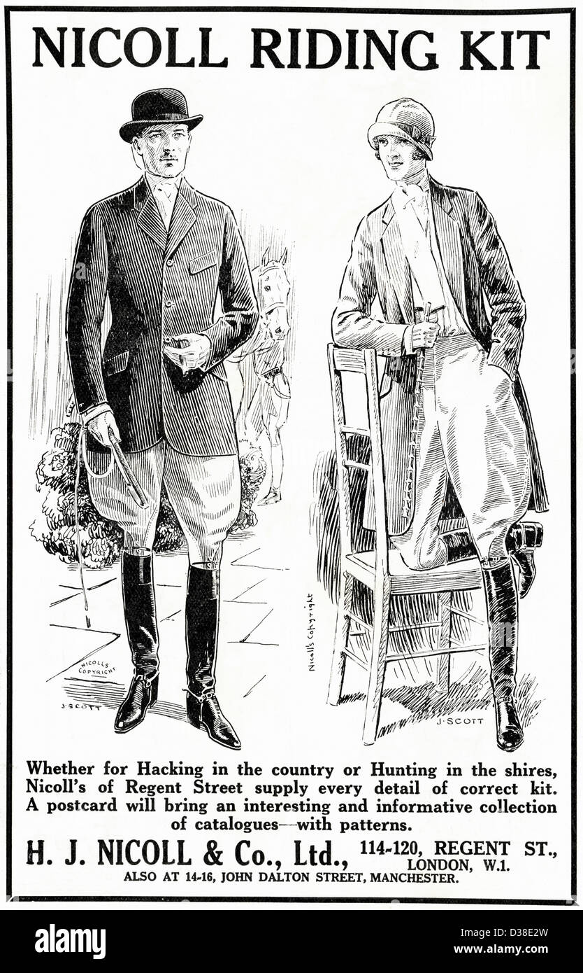 Originale di 1920s vintage stampa pubblicitaria da English Country Gentleman's giornale pubblicità kit di equitazione da H.J. Nicoll & Co di Regent Street London Foto Stock