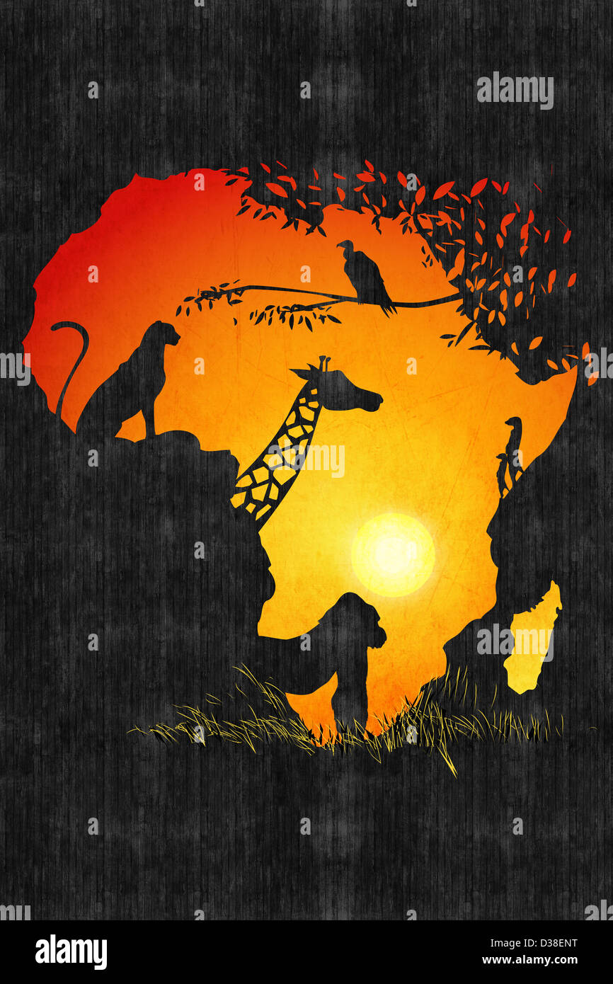 Immagine illustrativa degli animali nella mappa di Africa Foto Stock