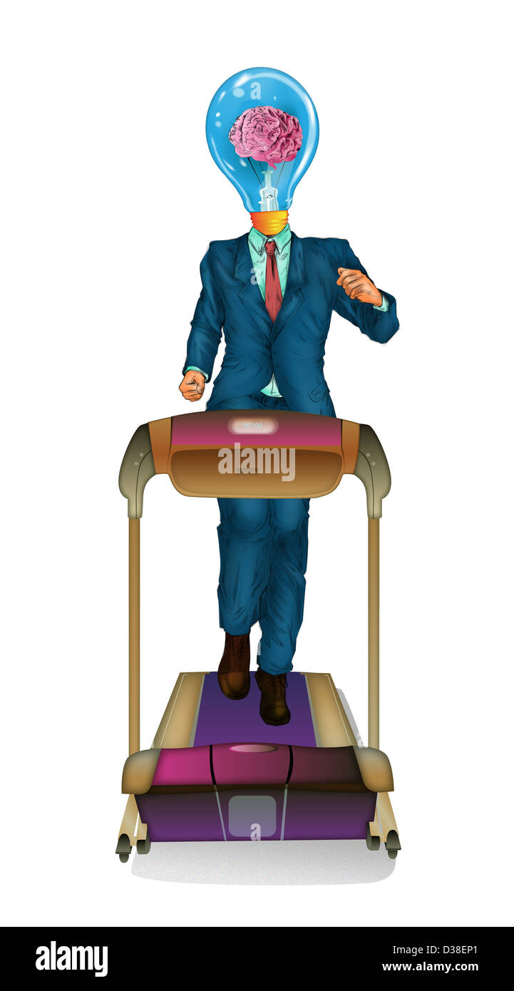 Immagine illustrativa di imprenditore con luce testa di lampadina in esecuzione sul tapis roulant su sfondo bianco Foto Stock