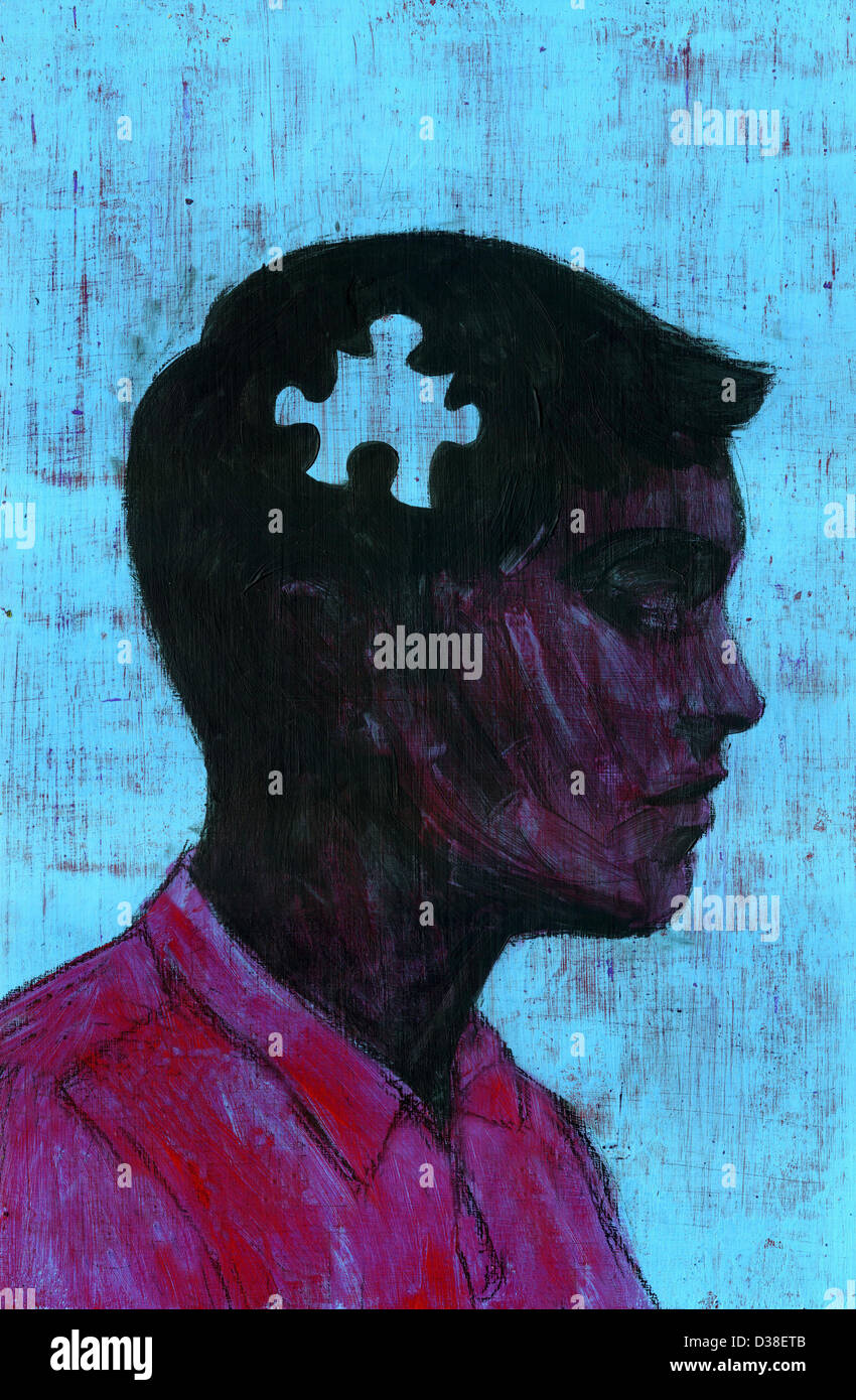 Immagine illustrativa dell'uomo con il pezzo mancante del puzzle che rappresenta la perdita di memoria Foto Stock