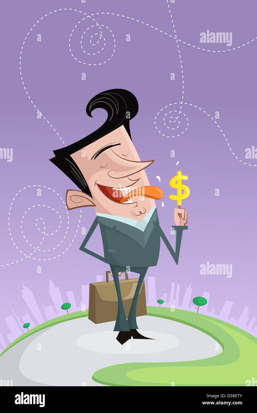 Immagine illustrativa di happy businessman leccare caramelle con il simbolo del dollaro che rappresenta il profitto Foto Stock