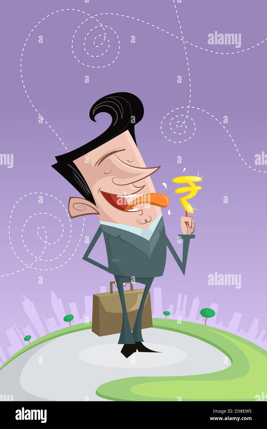 Immagine illustrativa di happy businessman leccare caramelle con rupee segno che rappresenta il profitto Foto Stock