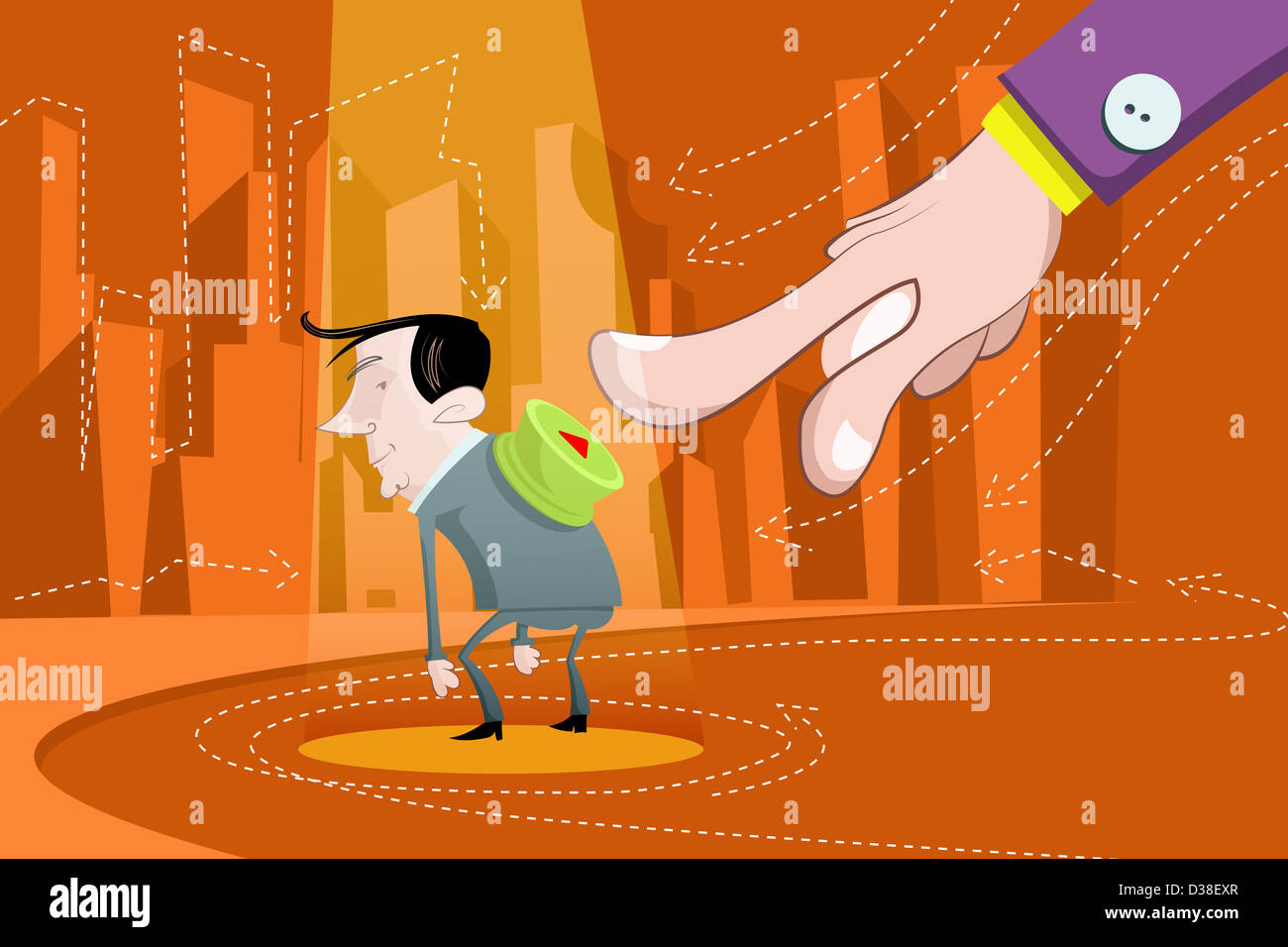 Immagine illustrativa della mano, premendo il pulsante sull'uomo torna in rappresentanza competente Foto Stock